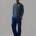 Πουκαμίσα αντρική, μακρύ μανίκι με ρίγα σε μπλέ αποχρώσεις