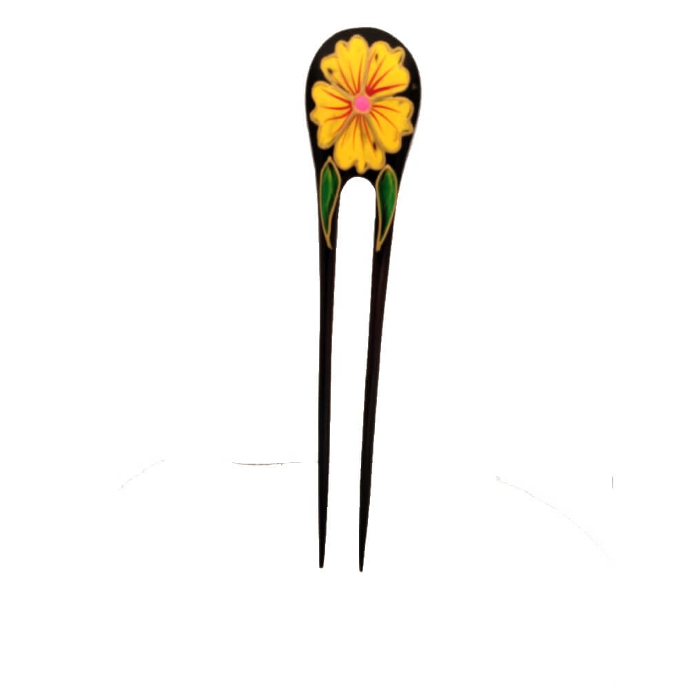 nah-725-wood-hair-double-stick-yellow-flower Φουρκέτα μαλλιών από ξύλο διπλή ζωγραφισμένο σχέδιο λουλούδι σε κίτρινο χρώμα