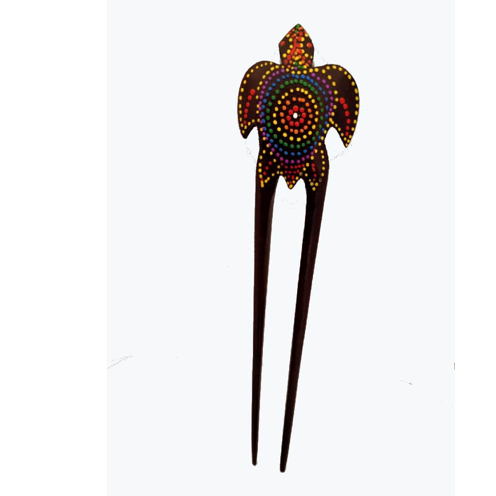 nah-804-wood-hair-double-stick-color-turtle Φουρκέτα μαλλιών από ξύλο με σχέδιο χελώνα ζωγραφιστή πολύχρωμη