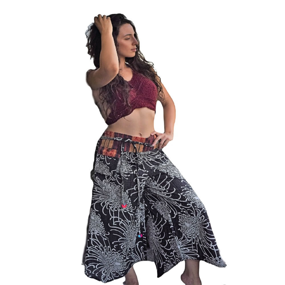 dsc-0385-wooven-palazzo-women-pants-cotton Παντελόνα σε μαύρο χρώμα από βαμβάκι με μπάσκα υφαντή σχέδιο ανεμώνα από Ταιλάνδη