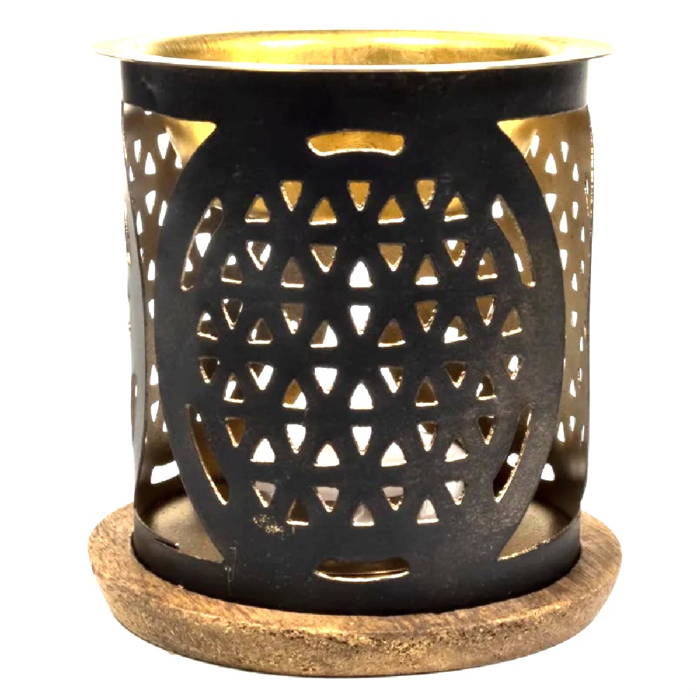 olb-09-a-oil-burner-flower-of-life Καυστήρα για έλαια λουλούδι ρης ζωής από μέταλλο και ξύλινη βάση προέλευση Ινδίας