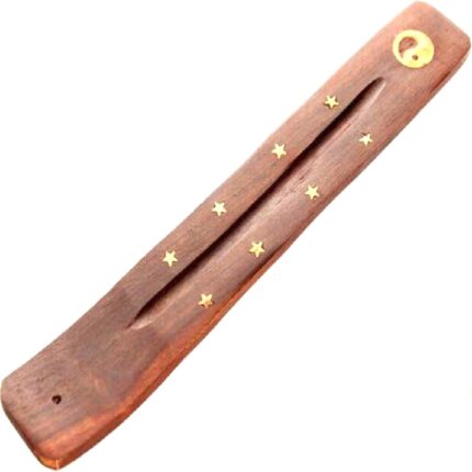 Ξύλινη βάση για αρωματικά στικς με μεταλικά στοιχεία σύμβολο yin yang Προέλευση Ινδίας