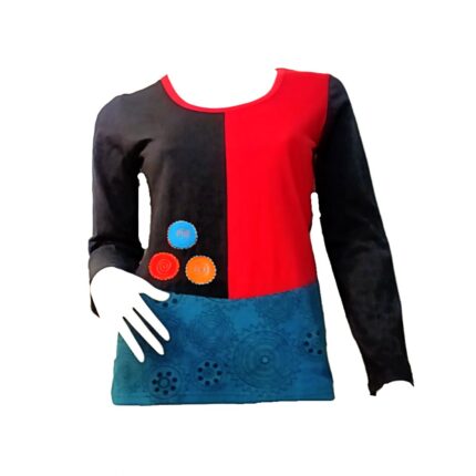 Μπλούζα γυναικεία σε μαύρο μπλέ και κόκκινο χρώμα με σχέδια κύκλους και λουλούδια