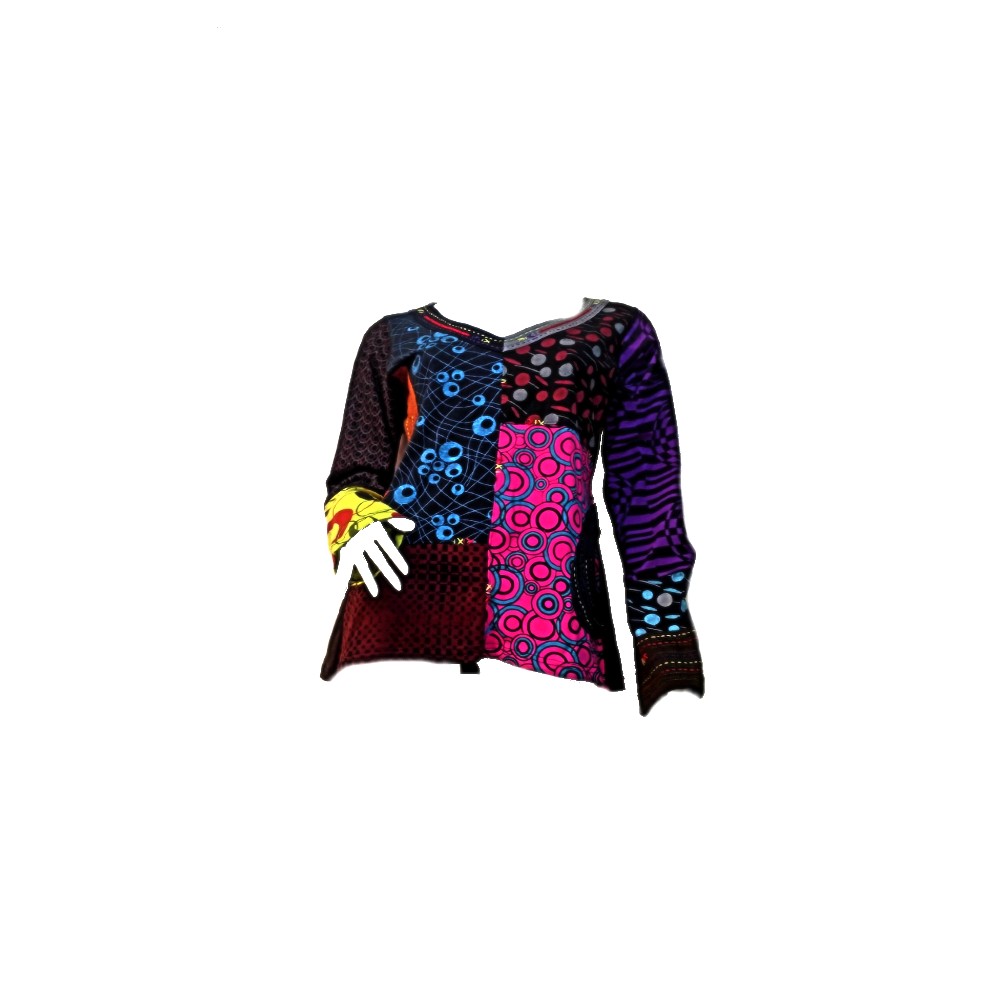 wbn-609-a-nepali-multi-color-patch-v-neck-women-shirt Μπλούζα γυναικεία πατσγουορκ πολύχρωμη ανοιχτό λαιμό βαμβακερή