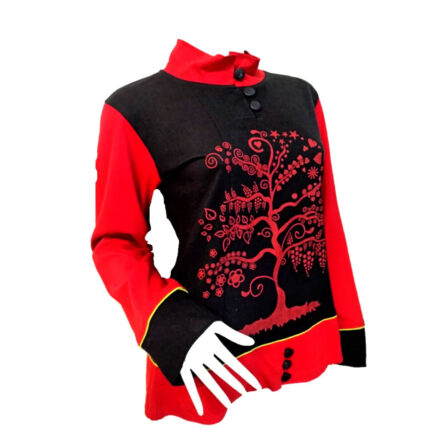 Μπλούζα γυναικεία σε κοκκινο και μάυρο χρώμα με γιακά και κουμπιά σχέδιο δέντρο της ζωής