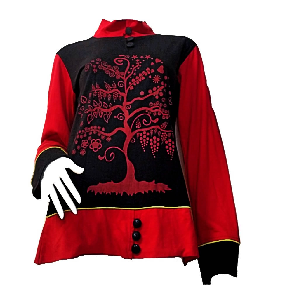 wbn-931-b-nepali-black-red-tree-women-shirt Μπλούζα γυναικεία σε κοκκινο και μάυρο χρώμα με γιακά και κουμπιά σχέδιο δέντρο της ζωής