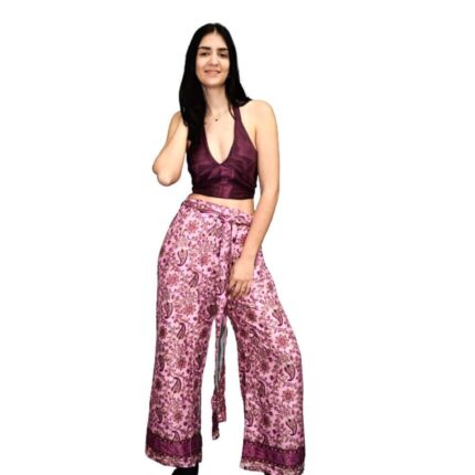 Γυναικεία καλοκαιρινή παντελόνα palazzo από ρεγιόν με ζωνάκι στη μέσησε υπέροχο ροζ χρώμα και σχέδιο λαχούρια