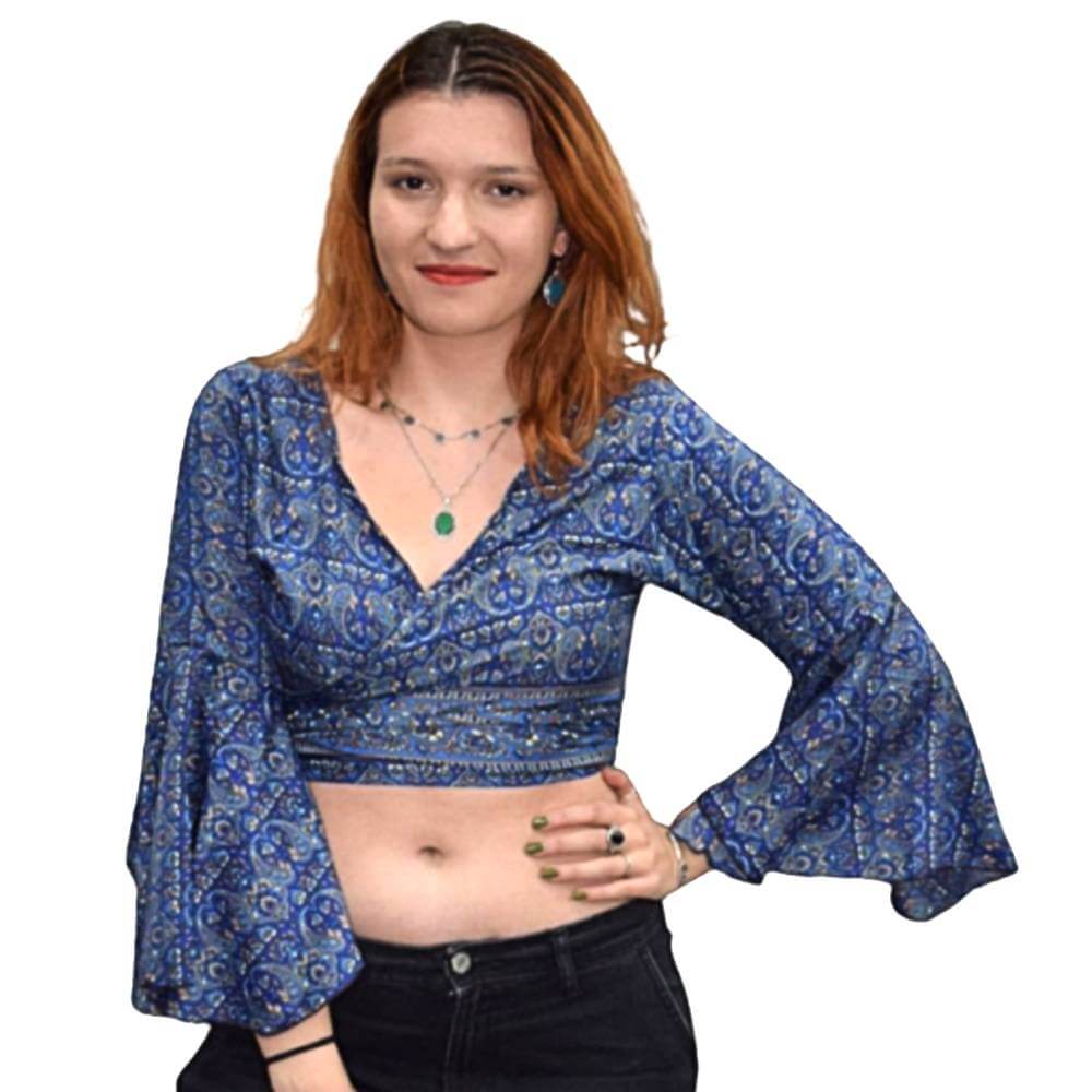 rlt-5412-flapper women-top-deep-blue-indie-style Γυναικείο τοπάκι ρεγιόν με μανίκι καμπάνα τρια τέταρτα και κρουαζέ δέσιμο σε μπλέ και ροζ χρώμα με όμορφά μοτίβα