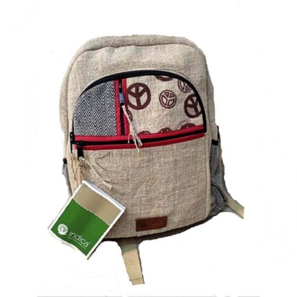 Τσάντα πλάτης σε μεγάλο μέγεθος από κλωστική κάνναβη άνετη εφαρμογή με ρυθμιζόμενους ιμάντες και πολλόυς αποθηκευτικούς χώρους σε χρώμα μπεζ με κόκκινο και σχέδια το σήμα της ειρήνης.
