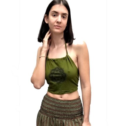 Καλοκαιρινό τοπλάκι από βαμβάκι σε λαδί χρώμα με σχέδιο μαντάλα δεσιμο στο λαιμό και χαμηλά πίσω στην πλάτη