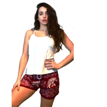 Γυναικείο σόρτς κοντό με λάστιχο στη μέση και κορδόνι σε κόκκινο χρώμα με μοτίβα λεκούς ελέφαντες από ρεγιόν χειροποίητα από Ταϊλάνδη