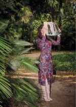 Platinum fashion φόρεμα χειμερινό από πολτεστέρα και ελαστάν σε μίντι γραμμή με άνοιγμα στο μπροστινό μέρος σε υπέροχο μπλέ και εκάι μοτίβα