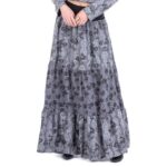 Platinum φούστα μάξι κλός σε γκρί χρώμα χειμερινή με λουλούδια μοτίβα με φαρδύ μαύρο λάστιχο στη μέση