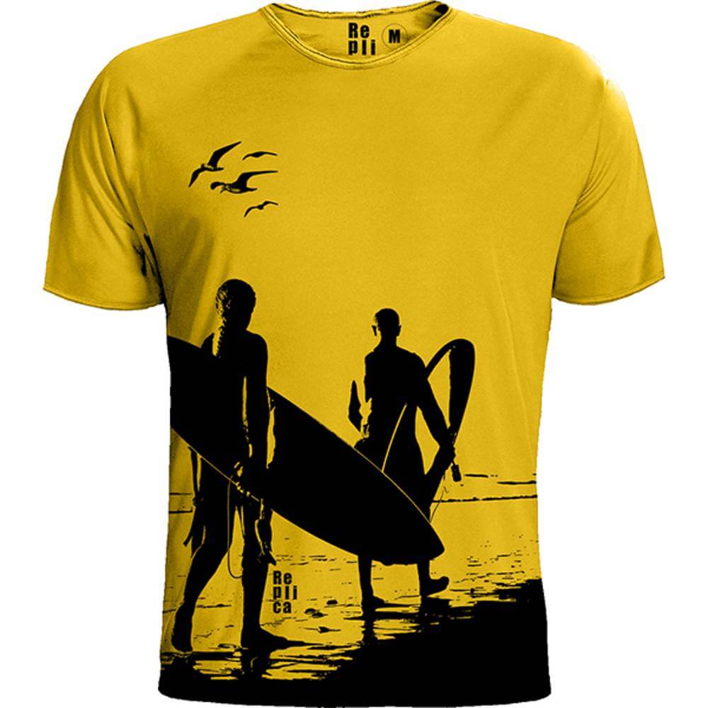 Ανδρικό tshirt της εταιρίας Replica από οργανικό βαμβάκι και στάμπα με οικολογική μεταξοτυπία νεροχρώματος σε κίτρινο χρώμα με σχέδιο σέρφερς Ανδρικό tshirt της εταιρίας Replica από οργανικό βαμβάκι και στάμπα με οικολογική μεταξοτυπία νεροχρώματος σε κίτρινο χρώμα με σχέδιο σέρφερς