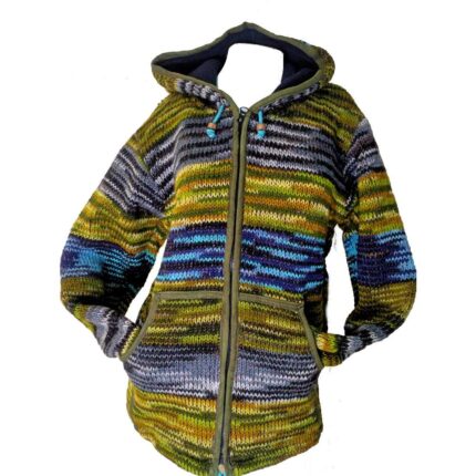 Ζακέτα μπουφάν από 100% μαλλί με εσωτερική επένδυση πολυεστέρα σε μπλε και πράσινη απόχρωση με κουκούλα και εξωτερικές τσέπες στα πλάγια