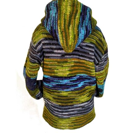 Ζακέτα μπουφάν από 100% μαλλί με εσωτερική επένδυση πολυεστέρα σε μπλε και πράσινη απόχρωση με κουκούλα και εξωτερικές τσέπες στα πλάγια