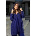 Ζακέτα γυναικεία με κουκούλα σε μπουκλέ ύφασμα 