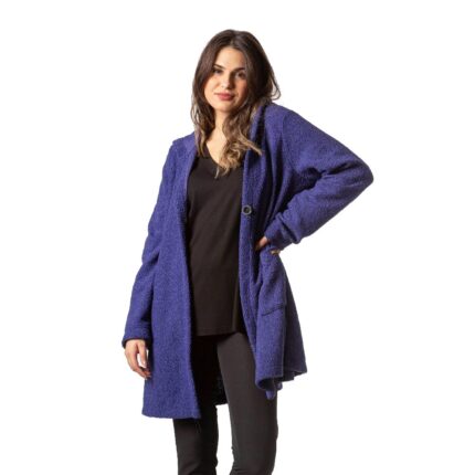 Ζακέτα πανωφόρι γυναικεία με κουκούλα σε μπουκλέ ύφασμα σε μοβ χρώμα από πολυεστέρα ελληνικής κατασκευής