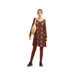 Μίνι φόρεμα με μακρύ μανίκι σε μπορντό χρώμα και τύπωμα μπλε τροπικά φύλλα και σχέδιο στην πλάτη από βισκόζη