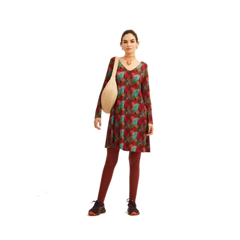 Μίνι φόρεμα με μακρύ μανίκι σε μπορντό χρώμα και τύπωμα μπλε τροπικά φύλλα και σχέδιο στην πλάτη από βισκόζη Μίνι φόρεμα με μακρύ μανίκι σε μπορντό χρώμα και τύπωμα μπλε τροπικά φύλλα και σχέδιο στην πλάτη από βισκόζη