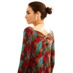 Μίνι φόρεμα με μακρύ μανίκι σε μπορντό χρώμα και τύπωμα μπλε τροπικά φύλλα και σχέδιο στην πλάτη από βισκόζη