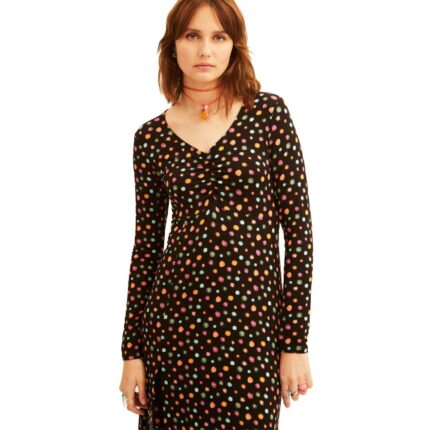 Φόρεμα μακρύ σε μαύρο χρώμα με ανοιχτή λαιμόκοψη και σχέδια πουά πολύχρωμα με αστεράκια από βισκόζη και ελαστάν