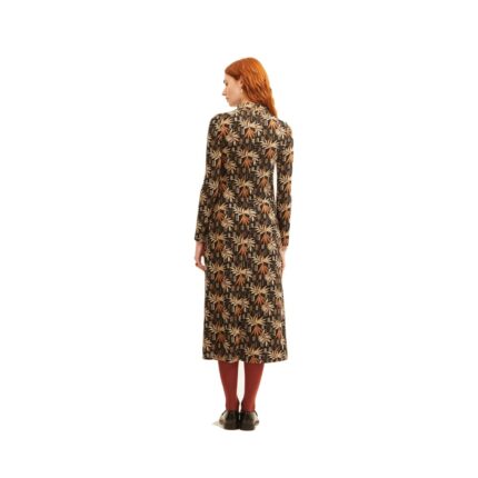 Μακρύ φόρεμα σε μαύρο χρώμα με τύπωμα φύλλα φθινοπώρου από πολυεστέρα και κλειστό λαιμό