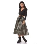 Φούστα γυαλιστερή πλισέ με λάστιχο στη μέση σε πράσινο γκρί χρώμα μίντι από πολυεστέρα