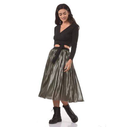 Φούστα γυαλιστερή πλισέ με λάστιχο στη μέση σε πράσινο γκρί χρώμα μίντι από πολυεστέρα