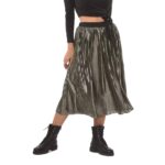Φούστα γυαλιστερή πλισέ με λάστιχο στη μέση σε πράσινο γκρί χρώμα μίντι από πολυεστέρα