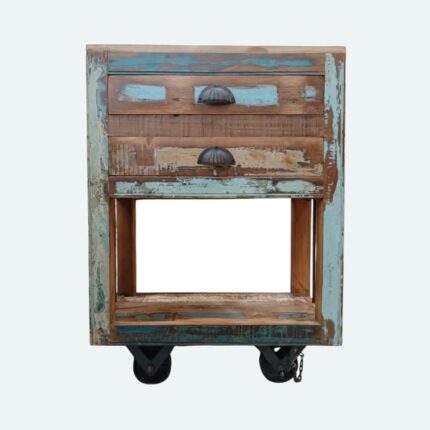 Μίνι μπαρ - μπουφές τροχήλατο από ανακυκλωμένο ξύλο με δύο συρτάρια σε σε μοντέρνο χρώμα κατασκευασμένο στην Ινδία