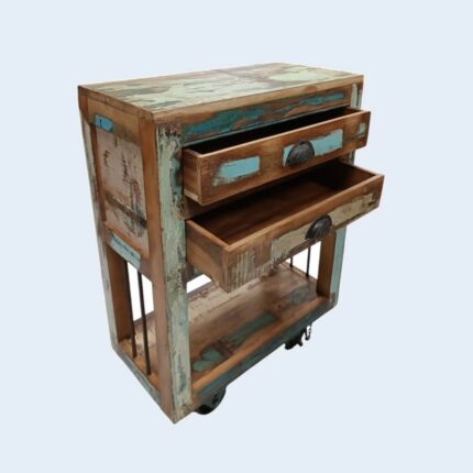 Μίνι μπαρ - μπουφές τροχήλατο από ανακυκλωμένο ξύλο με δύο συρτάρια σε σε μοντέρνο χρώμα κατασκευασμένο στην Ινδία