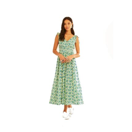 Μακρύ φόρεμα με ντεκολτέ σε σχήμα V με ελαστική μέση και λεπτομέρεια με κρόσσια στους ώμους σε μπλε μοτίβο με αστερίες από βισκόζη