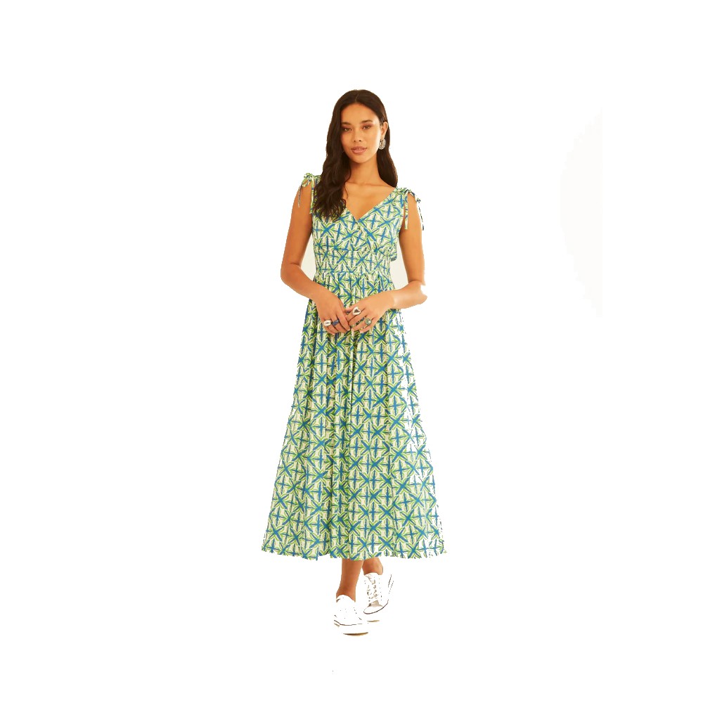 ds-25418-a-maxi-dress-summer-collection-blue-starfish-print Μακρύ φόρεμα με ντεκολτέ σε σχήμα V με ελαστική μέση και λεπτομέρεια με κρόσσια στους όμους